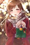  1girl bag belt blurry blurry_background blush bokeh brown_eyes brown_hair brown_skirt commentary_request depth_of_field earrings gen_(enji) gift glint highres idolmaster idolmaster_cinderella_girls jacket jewelry long_hair long_sleeves looking_at_viewer night nitta_minami open_mouth outdoors paper_bag red_jacket scarf skirt solo sweater upper_body white_sweater 