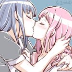  2girls artist_name blue_hair blush braid closed_eyes kiss long_hair low_ponytail magia_record:_mahou_shoujo_madoka_magica_gaiden mahou_shoujo_madoka_magica multiple_girls nanami_yachiyo pink_hair school_uniform serafuku studiozombie tamaki_iroha yuri 