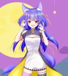  .live 1girl animal_ears breasts commentary fingerless_gloves full_moon gloves highres long_hair looking_at_viewer moon paw_pose purple_background purple_hair rascala39 red_eyes rurun_rururica simple_background small_breasts solo tail thigh-highs virtual_youtuber wolf_ears wolf_tail 