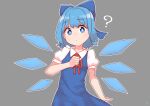  1girl :/ ? absurdres blue_dress blue_eyes blue_hair bright_pupils cirno closed_mouth commentary_request dress eyebrows_visible_through_hair flat_chest grey_background highres ice ice_wings looking_at_viewer outline puffy_short_sleeves puffy_sleeves red_neckwear red_ribbon ribbon short_hair short_sleeves simple_background solo touhou upper_body white_outline white_pupils wings zanasta0810 