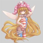  1girl absurdly_long_hair adapted_costume alternate_legwear american_flag_legwear bare_arms bare_shoulders black_legwear blonde_hair breasts clownpiece cropped_legs fairy_wings grey_background hat highres jester_cap leotard long_hair looking_at_viewer neck_ruff nibi pantyhose pink_eyes polka_dot simple_background sleeveless small_breasts solo star_(symbol) striped thigh-highs touhou very_long_hair wings wrist_cuffs 
