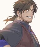  1boy bangs belmond_banderas black_shirt blush brown_eyes brown_hair brown_vest collared_shirt commentary_request eyebrows_behind_hair grin long_hair looking_at_viewer looking_to_the_side low_ponytail male_focus nijisanji ponytail shippaiderman shirt smile solo thick_eyebrows upper_body vest virtual_youtuber 