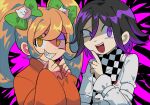  1girl bangs black_hair blonde_hair bow brown_hair cat_hair_ornament checkered checkered_scarf commentary_request dangan_ronpa_(series) dangan_ronpa_2:_goodbye_despair dangan_ronpa_v3:_killing_harmony evil_smile furukawa_(yomawari) grin hair_between_eyes hair_bow hair_ornament hand_up hands_up index_finger_raised japanese_clothes kimono long_hair long_sleeves multicolored_hair orange_eyes ouma_kokichi purple_hair saionji_hiyoko scarf sharp_teeth shiny shiny_hair short_hair smile teeth twintails two-tone_hair upper_body violet_eyes 