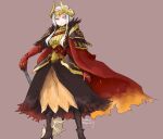  1girl alternate_costume axe aymr_(weapon) cape edelgard_von_hresvelg feathers fire_emblem fire_emblem:_three_houses gloves hair_bun holding holding_axe horned_headwear horns jewelry long_hair looking_at_viewer red_cape robaco simple_background solo violet_eyes weapon white_hair 