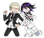  2boys angry bangs black_hair black_jacket black_neckwear blonde_hair blush blush_stickers checkered checkered_scarf collared_shirt commentary_request dangan_ronpa_(series) dangan_ronpa_2:_goodbye_despair dangan_ronpa_v3:_killing_harmony eye_contact freckles furukawa_(yomawari) grin highres jacket kuzuryuu_fuyuhiko locked_arms long_sleeves looking_at_another male_focus multiple_boys necktie ouma_kokichi pants pointing_at_another purple_hair scarf shirt short_hair simple_background smile straitjacket striped striped_jacket striped_pants symbol_commentary unmoving_pattern violet_eyes white_background white_jacket white_pants 