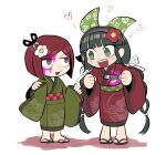  2girls :d alternate_costume bangs blood bloody_clothes blunt_bangs blush blush_stickers brown_eyes brown_hair chabashira_tenko chibi clenched_hands commentary_request dangan_ronpa_(series) dangan_ronpa_v3:_killing_harmony fake_blood flower full_body furukawa_(yomawari) green_kimono grey_eyes hair_flower hair_ornament hair_ribbon hands_up heart highres injury japanese_clothes kimono knife long_hair long_sleeves looking_at_another mole mole_under_mouth multiple_girls obi open_mouth pink_blood red_kimono redhead ribbon sandals sash scissors shiny shiny_hair short_hair simple_background smile standing teeth white_background wide_sleeves yumeno_himiko 