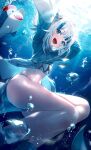  1girl :d absurdres air_bubble bloop_(gawr_gura) blue_eyes blue_theme blush bubble commentary_request dutch_angle gawr_gura highres hololive hood hoodie looking_at_viewer midriff multicolored_hair okazu_(eightstudio) open_mouth shark_girl sharp_teeth smile thighs thong underwater 