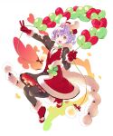  1girl :d balloon bangs black_legwear blue_hair boots christmas clover dress eyebrows_visible_through_hair floating four-leaf_clover gloves hair_ornament hair_scrunchie hat hat_ornament highres holding holding_balloon kuze_(ira) legs_up long_hair looking_at_viewer low_twintails medium_dress open_mouth original pantyhose red_dress red_footwear red_gloves red_headwear santa_boots santa_dress santa_gloves santa_hat scrunchie sharp_teeth short_hair short_twintails smile solo star_(symbol) star_hat_ornament symbol-shaped_pupils teeth twintails v white_scrunchie yellow_eyes 