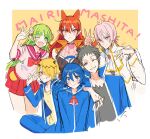  3: 3boys 3girls ;d ahoge andro_m._jazz asmodeus_alice azazel_ameri babyls_school_uniform black_hair blonde_hair blue_eyes blue_hair blue_jacket bow green_eyes green_hair grin hand_on_another&#039;s_shoulder highres jacket kippu mairimashita!_iruma-kun multiple_boys multiple_girls one_eye_closed open_clothes open_jacket open_mouth pink_eyes pink_hair pleated_skirt red_bow red_eyes red_sailor_collar red_skirt redhead romaji_text sailor_collar school_uniform serafuku sharp_teeth shax_lead signature sketch skirt smile spiky_hair suzuki_iruma teeth upper_teeth v v-shaped_eyebrows valac_clara waving yellow_eyes 