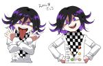  1boy :d bangs black_hair checkered checkered_neckwear checkered_scarf commentary_request crazy_eyes crossed_arms dangan_ronpa_(series) dangan_ronpa_v3:_killing_harmony double-breasted evil_smile furukawa_(yomawari) hair_between_eyes highres jacket long_sleeves long_tongue looking_at_viewer male_focus multicolored_hair open_mouth ouma_kokichi pale_skin purple_hair scarf shaded_face short_hair simple_background smile straitjacket tongue tongue_out translated two-tone_hair upper_body violet_eyes white_jacket 