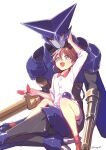  1boy 1girl blue_skin brown_hair character_request colored_skin copyright_request grey_eyes helmet highres horned_hea red_eyes 