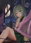  1girl absurdres arm_support bangs blouse blue_eyes blush breasts building cityscape closed_mouth clouds curtains eyeball eyebrows_visible_through_hair feet_out_of_frame finger_to_mouth green_hair green_skirt heart heart_of_string highres indoors kirikaze_ren knees_up komeiji_koishi looking_at_viewer moon night night_sky no_hat no_headwear pleated_skirt see-through short_hair skirt sky small_breasts smile solo star_(sky) starry_sky third_eye touhou window yellow_blouse 