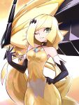  1girl bare_shoulders black_choker black_gloves blonde_hair blunt_bangs breasts choker collarbone commentary_request dress elbow_gloves eyelashes gloves green_eyes grin hand_on_own_hip hand_up highres long_hair lusamine_(pokemon) necrozma necrozma_(dusk_mane) official_alternate_costume one_eye_closed pokemon pokemon_(game) pokemon_masters_ex smile teeth usoco yellow_dress 