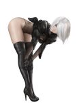  1girl bent_over black_footwear blue_eyes boots cleavage_cutout clothing_cutout elbow_gloves gloves hair_over_one_eye high_heel_boots high_heels highres leaning_forward leotard looking_to_the_side mole mole_under_mouth nier_(series) nier_automata nyatokanyaru puffy_sleeves short_hair simple_background sleeves_rolled_up solo thigh-highs thigh_boots traditional_media two-tone_gloves watercolor_(medium) white_background yorha_no._2_type_b 