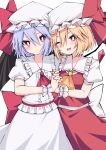  2girls ascot blonde_hair blue_hair commentary_request flandre_scarlet hair_between_eyes hat highres holding_hands interlocked_fingers looking_at_viewer mob_cap multiple_girls one_eye_closed red_eyes red_neckwear red_skirt remilia_scarlet short_hair siblings silver_hair simple_background sisters skirt smile touhou tsukimirin white_background white_skirt wrist_cuffs yellow_neckwear 