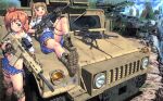  2girls :d assault_rifle blue_eyes blush boots brown_eyes brown_hair clouds collarbone gloves ground_vehicle gun hairband hase_yu headband holding holding_gun holding_weapon humvee knee_pads legs light_machine_gun long_hair looking_at_viewer lying midriff military military_vehicle motor_vehicle multiple_girls on_back open_mouth original pleated_skirt rifle school_uniform serafuku short_hair side_ponytail sidelocks skirt sky smile socks tank thigh_strap weapon white_legwear 