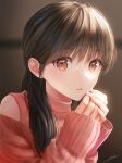 1girl bangs blurry blurry_background eyebrows_visible_through_hair highres long_hair looking_at_viewer off-shoulder_sweater off_shoulder ojay_tkym original signature solo sweater 