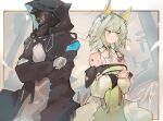  1other 2girls amiya_(arknights) animal_ear_fluff animal_ears arknights bare_shoulders black_jacket brown_hair choker clenched_hands closed_mouth commentary_request crossed_arms doctor_(arknights) dress food frown gloves green_dress green_eyes green_hair grey_gloves head_tilt highres hood hood_up hooded_jacket jacket kal&#039;tsit_(arknights) long_sleeves looking_to_the_side lynx_ears mask medium_hair mikojin multiple_girls noodles off-shoulder_jacket oripathy_lesion_(arknights) pout rabbit_ears short_hair sidelocks stethoscope strap strapless strapless_dress sulking white_jacket 
