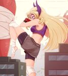  1girl anger_vein bandaged_leg bandages bike_shorts black_shorts boku_no_hero_academia boxing_gloves bra building cheering city domino_mask from_side giant giantess highres horns kicking knee_pads knee_up long_hair mask mount_lady punching_bag purple_bra raps_(yohomeboyraps) short_shorts shorts solo sports_bra superhero underwear very_long_hair violet_eyes 