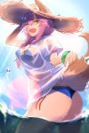  1girl air_bubble animal_ears arm_up ass bangs bikini blue_bikini blue_sky blurry blurry_foreground bracelet breasts bubble clouds eyebrows_visible_through_hair fang fate/grand_order fate_(series) fluffy fox_ears fox_tail from_below green_eyes green_headwear hair_between_eyes hand_up hat highres holding jewelry large_breasts long_hair looking_at_viewer looking_down one_eye_closed open_mouth outdoors partially_submerged purple_hair see-through shiny shirokuma1414 shirt shirt_lift short_sleeves sidelocks skin_fang sky smile solo standing straw_hat submerged sunlight swimsuit tail tamamo_(fate)_(all) tamamo_no_mae_(fate) tamamo_no_mae_(swimsuit_lancer)_(fate) thighs water wet wet_clothes wet_shirt white_shirt 