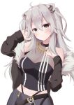  1girl absurdres ahoge animal_ears bangs bare_shoulders breasts closed_mouth eyebrows_visible_through_hair fur-trimmed_jacket fur_trim grey_eyes grey_hair hair_between_eyes highres hololive jacket jewelry kirikaze_ren large_breasts lion_ears lion_girl long_hair looking_at_viewer navel necklace shirt shishiro_botan simple_background smile solo virtual_youtuber white_background 
