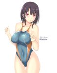  1girl black_hair blue_swimsuit breasts competition_swimsuit dated eyebrows_visible_through_hair hair_between_eyes highleg highleg_swimsuit highres impossible_clothes impossible_swimsuit kantai_collection large_breasts looking_at_viewer montemasa one-piece_swimsuit open_mouth red_eyes short_hair standing swimsuit tagme takao_(kantai_collection) twitter_username white_background 