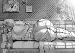  1girl ass ass_focus bamboo blurry commentary_request couch depth_of_field greyscale hat_over_eyes highres hong_meiling izayoi_sakuya koyubi_(littlefinger1988) long_hair monochrome portrait_(object) screentones sleeping touhou 