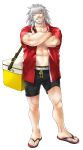  1boy buttons cooler crossed_arms fate/extra fate_(series) full_body grey_hair highres imoda looking_at_viewer male_focus male_swimwear medium_hair muscular muscular_male open_clothes open_shirt red_eyes red_shirt sandals shirt smile solo swim_trunks swimwear vlad_iii_(fate/extra) 