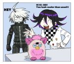  2boys :d ahoge android angry bangs blue_background border checkered checkered_scarf clenched_teeth commentary dangan_ronpa_(series) dangan_ronpa_v3:_killing_harmony frown furby furukawa_(yomawari) grey_hair hand_up highres jacket keebo long_sleeves male_focus multiple_boys open_mouth ouma_kokichi pale_skin scarf smile standing straitjacket teeth white_border white_jacket wide-eyed 