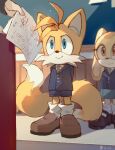  1boy 1girl absurdres animal_nose arms_behind_head blue_eyes brown_eyes c52278 classroom closed_mouth cream_the_rabbit fox_boy furry highres jacket multiple_tails rabbit_girl shoes shorts smile sonic_the_hedgehog tail tails_(sonic) two_tails 