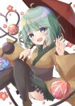  1girl absurdres ahoge ball bangs black_legwear blue_eyes blush breasts eyeball eyebrows_visible_through_hair flower frilled_skirt frills green_hair hair_between_eyes hands_up heart heart_of_string highres holding holding_umbrella kirikaze_ren knees_up komeiji_koishi long_sleeves looking_at_viewer no_hat no_headwear no_panties oil-paper_umbrella open_mouth red_umbrella ribbon short_hair sitting skirt small_breasts solo thigh-highs third_eye touhou umbrella upper_teeth waving wavy_hair wide_sleeves 