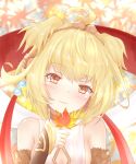  1girl :3 ahoge andira_(granblue_fantasy) animal_ears bangs bare_shoulders blonde_hair blurry blurry_background blush breasts closed_mouth detached_sleeves erune eyebrows_visible_through_hair granblue_fantasy hairband highres holding holding_leaf kimblee leaf looking_at_viewer monkey_ears red_eyes red_ribbon ribbon short_hair small_breasts smile solo twintails two_side_up 