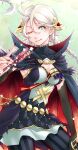  ahoge alternate_costume blue_eyes bow_(weapon) braid breasts closed_mouth ebi_puri_(ebi-ebi) fire_emblem fire_emblem_fates fire_emblem_heroes highres holding holding_weapon looking_at_viewer medium_breasts nail_polish nina_(fire_emblem) one_eye_closed simple_background twintails upper_body weapon white_hair 