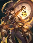  1boy bangs black_hair brown_hair closed_mouth dragon_horns dragon_tail floating floating_object genshin_impact gloves glowing hair_between_eyes horns jewelry long_hair looking_at_viewer male_focus multicolored_hair pointy_ears ruebirds scales solo tail tassel yellow_eyes zhongli_(genshin_impact) 