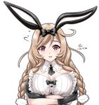  1girl animal_ears artist_name black_gloves blush braid breasts brown_eyes buttons dated detached_collar fake_animal_ears flying_sweatdrops gloves highres kantai_collection large_breasts leotard light_brown_hair long_hair minegumo_(kantai_collection) open_mouth rabbit_ears signature simple_background solo tk8d32 twin_braids upper_body white_background white_leotard 