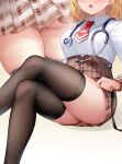  1girl ass black_legwear blonde_hair blush breasts brown_skirt crossed_legs dombear high-waist_skirt highres hololive hololive_english large_breasts long_sleeves mini_necktie miniskirt necktie open_mouth plaid plaid_skirt red_neckwear shirt short_hair simple_background skirt stethoscope thigh-highs thighs virtual_youtuber watson_amelia white_background white_shirt zettai_ryouiki 