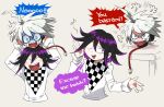  2boys :d ahoge angry bangs black_hair blush checkered checkered_background checkered_scarf commentary_request dangan_ronpa_(series) dangan_ronpa_v3:_killing_harmony disembodied_head furukawa_(yomawari) highres holding_another holding_head keebo looking_at_another male_focus multiple_boys open_mouth ouma_kokichi pants profanity scarf simple_background smile speech_bubble straitjacket upper_teeth white_background white_hair white_pants 