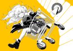  1girl animal_ears breaking breasts fur-trimmed_jacket fur_trim greyscale highres hololive jacket kazuma_muramasa large_breasts lion_ears lion_tail long_hair monochrome revision riding shishiro_botan shopping_cart single_thighhigh sweat tail thigh-highs trials_hd virtual_youtuber wheel yellow_background 