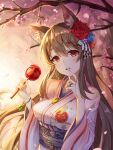  1girl animal_ear_fluff animal_ears bangs blue_flower blue_rose blush breasts brown_hair candy_apple cherry_blossoms dddsunsky eyebrows_visible_through_hair fang finger_to_mouth floral_print flower food hair_between_eyes hair_flower hair_ornament highres holding holding_food japanese_clothes jewelry kimono large_breasts leaf leaf_necklace long_hair long_sleeves looking_at_viewer open_mouth original parted_lips red_eyes ring rose solo tree upper_teeth wide_sleeves wristband 