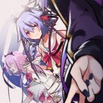  1girl 2others ascot bare_shoulders blue_eyes blue_hair braid collar collared_shirt flower_(vocaloid) fur-trimmed_jacket fur_trim gradient_hair gynoid_talk hairband hakama_skirt highres horns jacket japanese_clothes kashisuover long_hair looking_at_another meika_hime meika_mikoto miniskirt multicolored_hair multiple_others open_mouth out_of_frame pink_eyes pink_hair purple_jacket purple_nails red_neckwear red_skirt sailor_collar shirt skirt sleeveless sleeveless_shirt smile upper_body v v_flower_(gynoid_talk) v_flower_(vocaloid4) vocaloid white_collar white_shirt 
