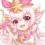  1girl alternate_color animal_ears fang headpiece holding holding_staff league_of_legends long_hair looking_at_viewer lulu_(league_of_legends) magical_girl natsuichi-sama open_mouth pink_eyes pink_hair smile staff star_(symbol) star_guardian_(league_of_legends) star_guardian_lulu tiara upper_body yordle 