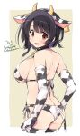  1girl animal_ears animal_print artist_logo beige_background bikini black_hair border breasts cow_ears cow_horns cow_print cow_tail dated ear_tug elbow_gloves from_behind gloves horns kantai_collection large_breasts odawara_hakone red_eyes short_hair side-tie_bikini solo standing swimsuit tail takao_(kantai_collection) thigh-highs two-tone_background white_bikini white_border white_gloves white_legwear 