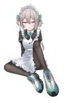  1girl absurdres ahoge alternate_costume alternate_hairstyle apron bangs blush breasts dress enmaided girls_frontline grey_hair highres m200_(girls_frontline) maid maid_apron maid_headdress medium_breasts medium_hair pantyhose puffy_sleeves ribbon shoes short_dress short_twintails sidelocks sitting sneakers solo tied_hair twintails violet_eyes yakiniku-joan. 