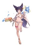  1girl :d \m/ absurdres animal_ears bikini breasts copyright_request fang fox_ears full_body highres jacket kray._(k-ray) medium_breasts navel open_clothes open_jacket open_mouth purple_hair sandals short_hair skin_fang smile solo swimsuit thigh_strap violet_eyes water_gun white_bikini 