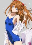  1girl blue_eyes brown_hair grin hand_in_hair head_tilt highres long_hair mamezuka_takashi neon_genesis_evangelion one-piece_swimsuit simple_background smile solo souryuu_asuka_langley swimsuit swimsuit_under_clothes towel wet wet_clothes 