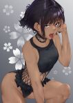  1girl absurdres bangs black_hair black_swimsuit breasts chiwa_kotarou dark_skin dark-skinned_female earrings highres jewelry looking_at_viewer open_mouth original piercing swimsuit swimwear tongue tongue_out violet_eyes 