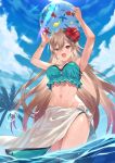  1girl :d aqua_bikini armpits arms_up ball bangs bare_shoulders beachball bikini blue_sky blush breasts brown_hair clouds commentary_request day earrings eyebrows_visible_through_hair flower furen_e_lustario groin hair_between_eyes hair_flower hair_ornament highres holding holding_ball jewelry long_hair looking_at_viewer medium_breasts mosomoso navel nijisanji open_mouth outdoors palm_tree red_eyes red_flower sarong sky smile solo sun sunlight swimsuit transparent tree very_long_hair virtual_youtuber water water_drop 