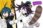  2boys ahoge animal_ears bangs black_hair black_jacket checkered checkered_scarf commentary_request dangan_ronpa_(series) dangan_ronpa_v3:_killing_harmony furukawa_(yomawari) green_hair jacket leaf leaf_on_head male_focus multiple_boys open_mouth ouma_kokichi pants pointing purple_hair raccoon_boy raccoon_ears raccoon_tail saihara_shuuichi scarf shiny shiny_hair short_hair simple_background smile straitjacket striped striped_jacket sweatdrop tail tongue tongue_out translation_request upper_teeth vertical_stripes white_background white_jacket white_pants 