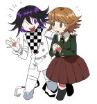  2boys bangs black_hair black_legwear brown_hair brown_skirt checkered checkered_scarf commentary cropped_legs crossdressinging dangan_ronpa:_trigger_happy_havoc dangan_ronpa_(series) dangan_ronpa_v3:_killing_harmony fujisaki_chihiro furukawa_(yomawari) hand_up hands_up highres jacket long_sleeves male_focus multicolored_hair multiple_boys one_eye_closed open_mouth otoko_no_ko ouma_kokichi own_hands_together pants pleated_skirt purple_hair ribbon scarf shiny shiny_hair simple_background skirt smile straitjacket thigh-highs two-tone_hair unmoving_pattern upper_teeth violet_eyes white_background white_jacket white_pants 