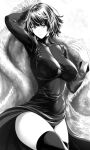  1girl bangs breasts covered_navel dress fubuki_(one-punch_man) fur_coat greyscale large_breasts long_sleeves looking_at_viewer monochrome one-punch_man short_hair smile taut_clothes taut_dress thighs zucchini 